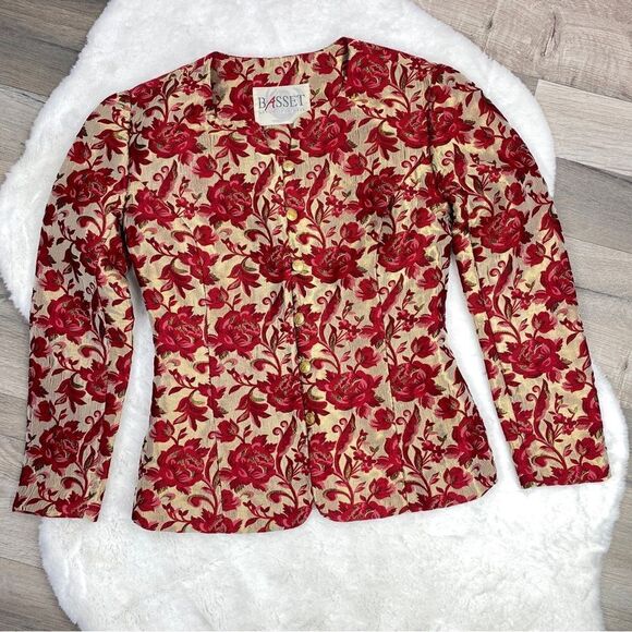 Vintage BASSET Floral Brocade Hip Jacket Button Front Gold Red 38 Petite Small - Picture 7 of 12